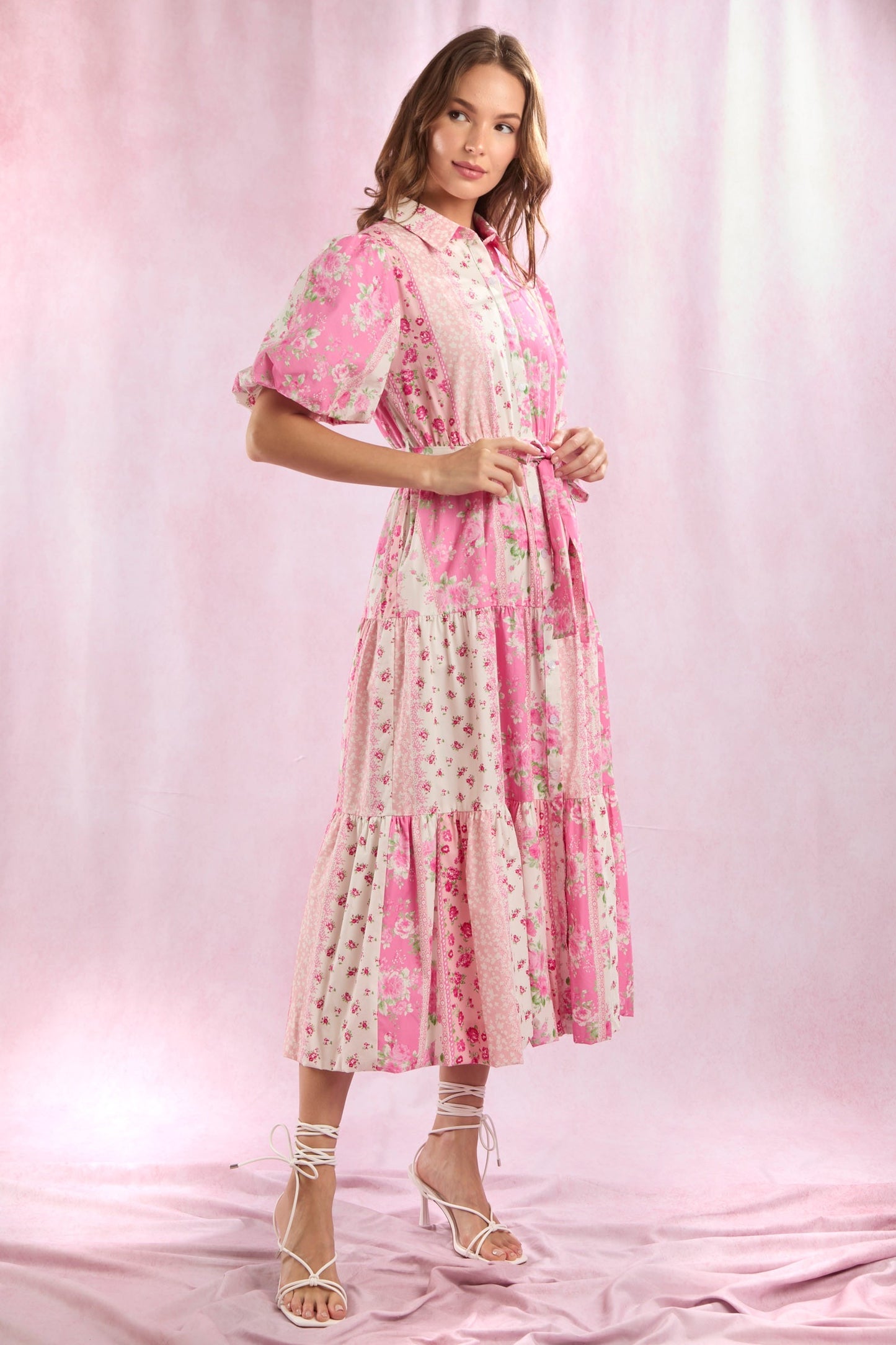Pink Poplin Floral Patchwork Printed Dress