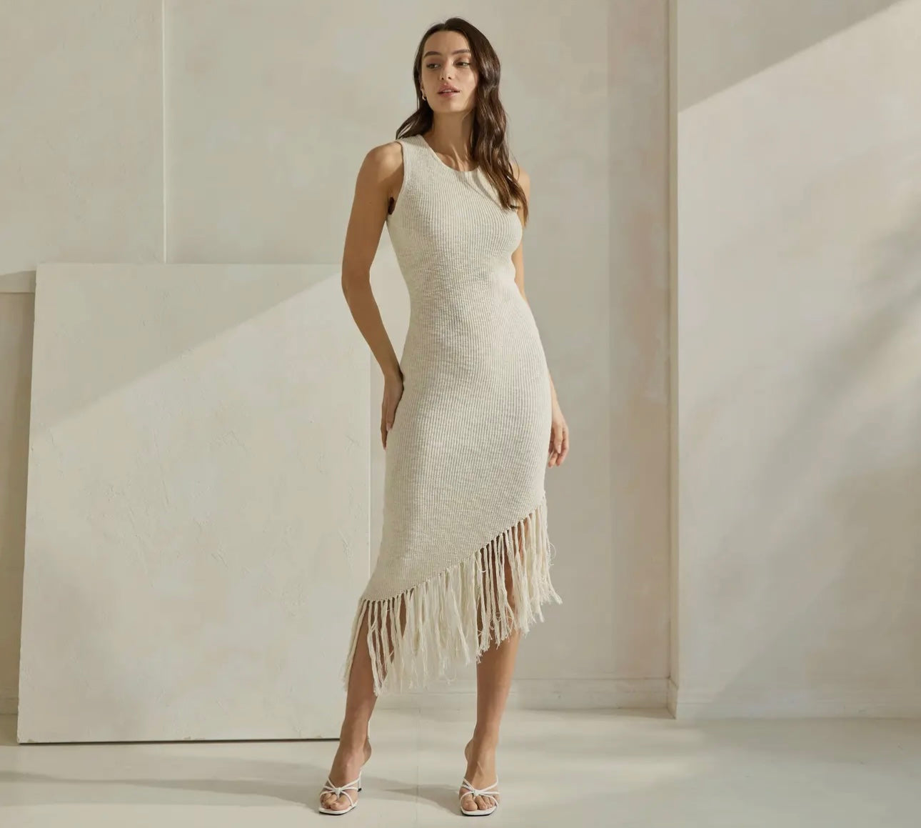 Sunset Soiree - Cream Fringe Trimmed Dress