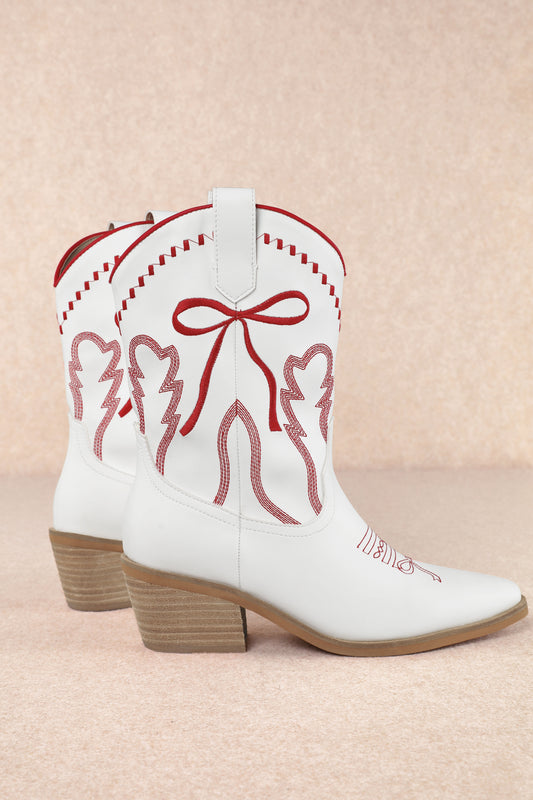 Miim Red Bow White Ankle Boots