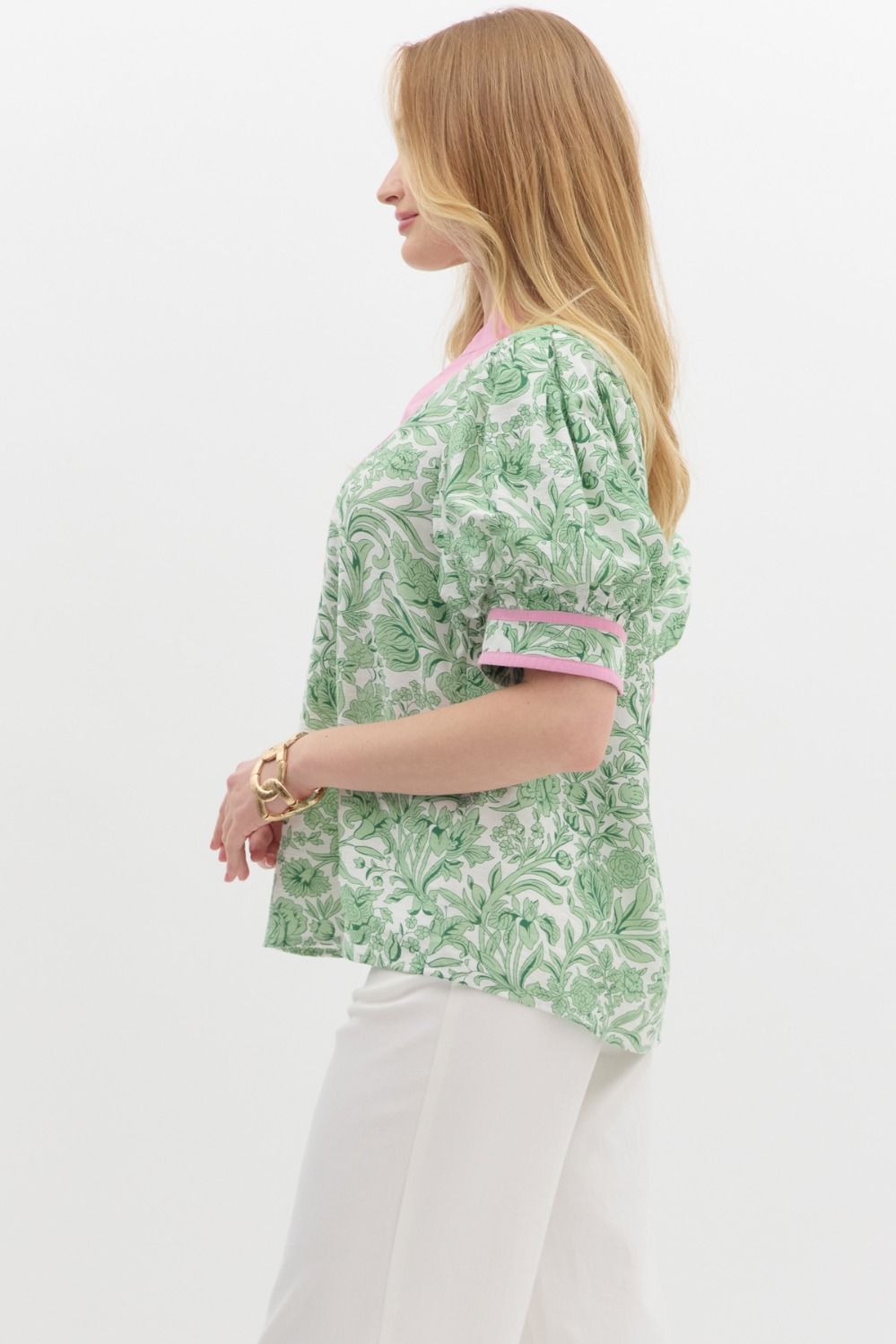 Grandmillennial Puff Sleeve Top - Pink/Green
