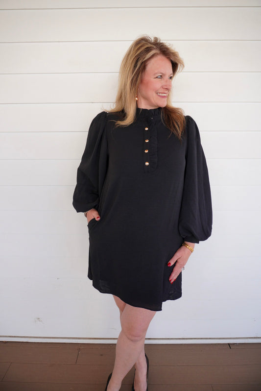 Black Long Sleeve Button Detail Dress