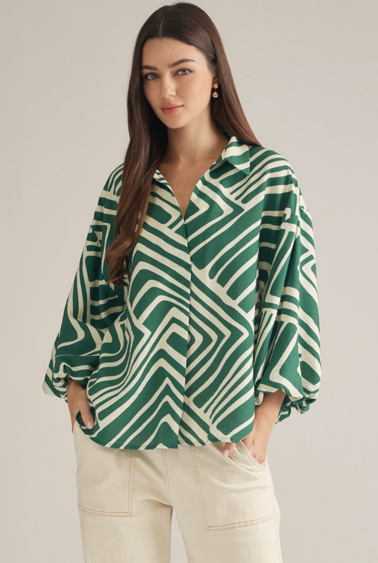 Geometric Green Blouse With Balloon Sleeves
