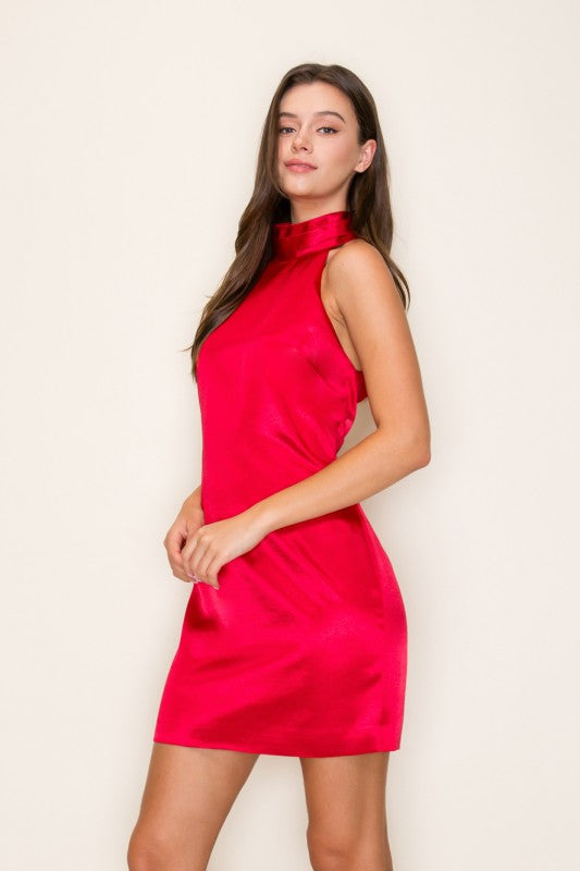 Red Satin Halter Neck Dress