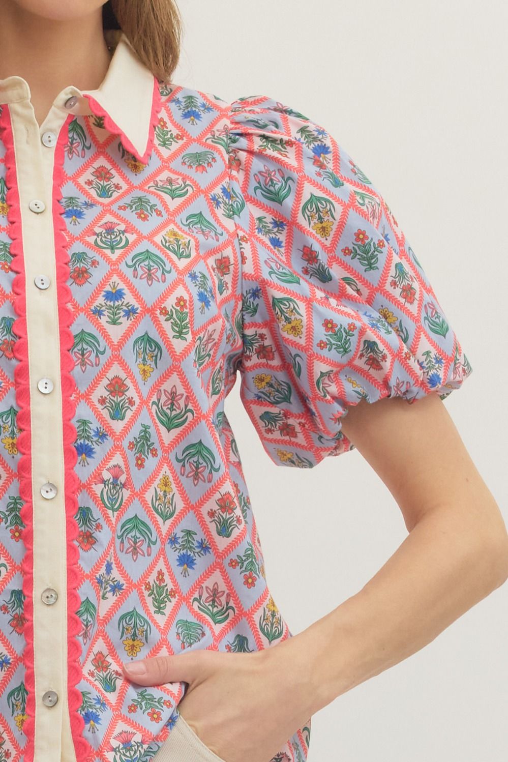 Botanical Print Puff Sleeve Top
