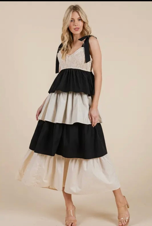 Black/Cream Layered Midi Sundress