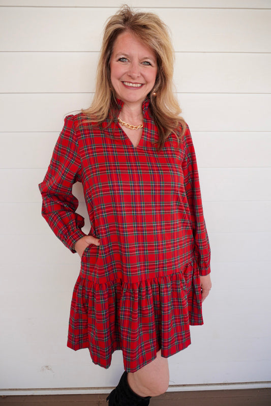 Red Plaid Long Sleeve Dress