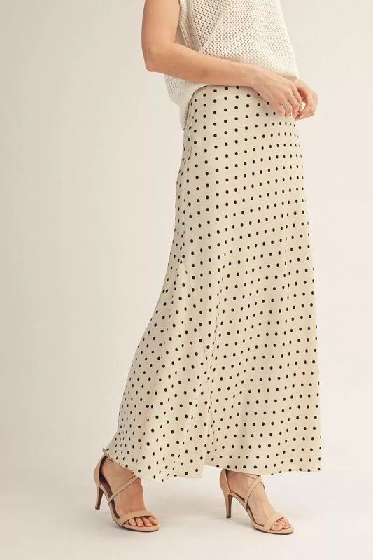 Champagne Black Polka-Dot Satin Maxi Skirt