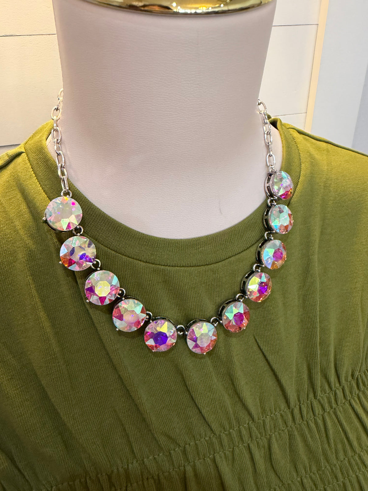 Silver Large Rhinestone Necklace - Iridescent