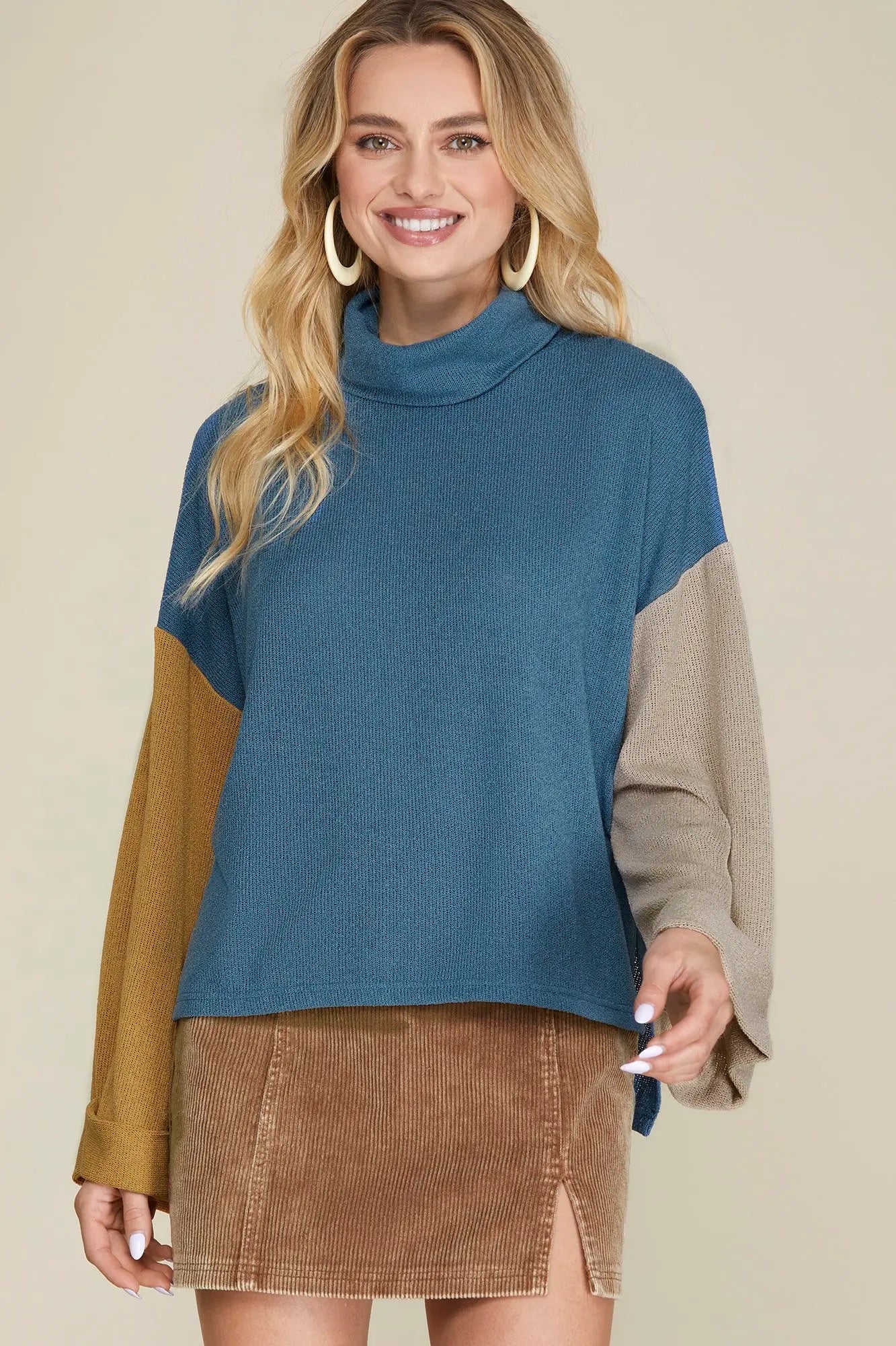 Dusty Blue Knit Color Block Top