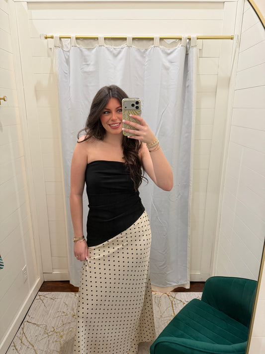 Champagne Black Polka-Dot Satin Maxi Skirt