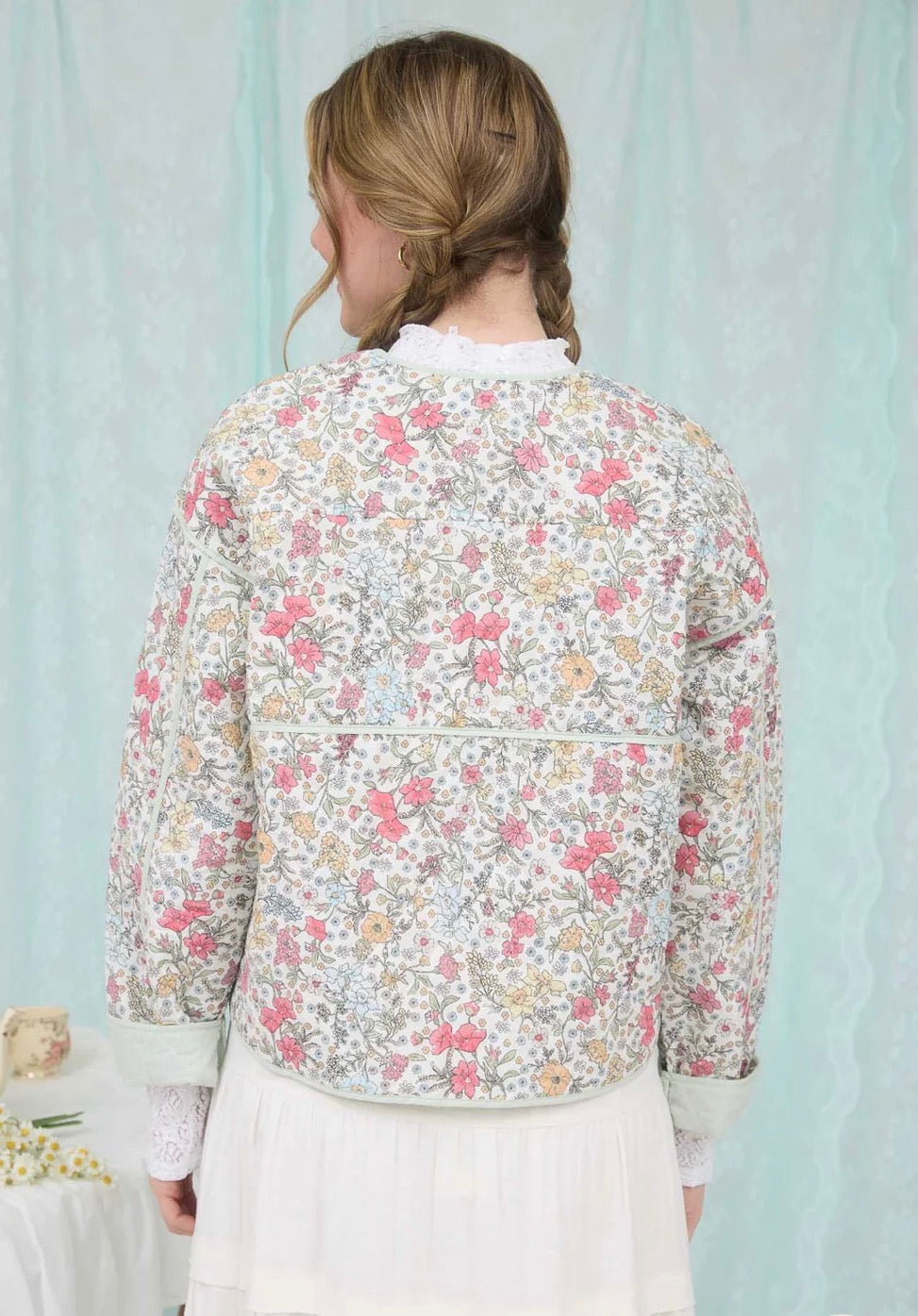 Floral Front Tie Quilted Jacket - Ivory Multi