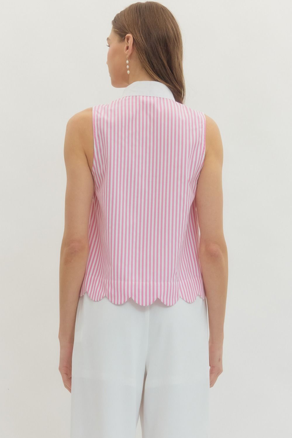 Pink Striped Sleeveless Collared Top