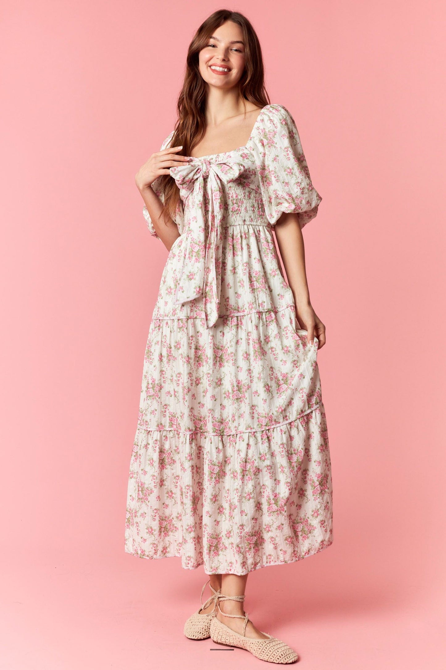 Marie Floral Printed Smocked Bow Front Dress