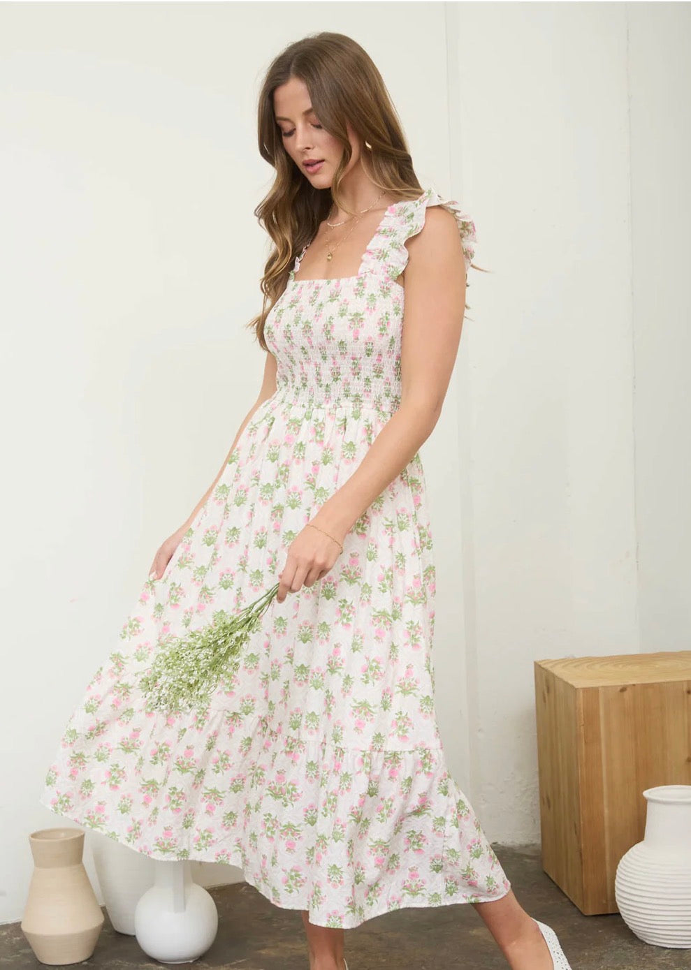 Floral Tile Pattern Smocked Sleeveless Midi Dress-Pink Multi