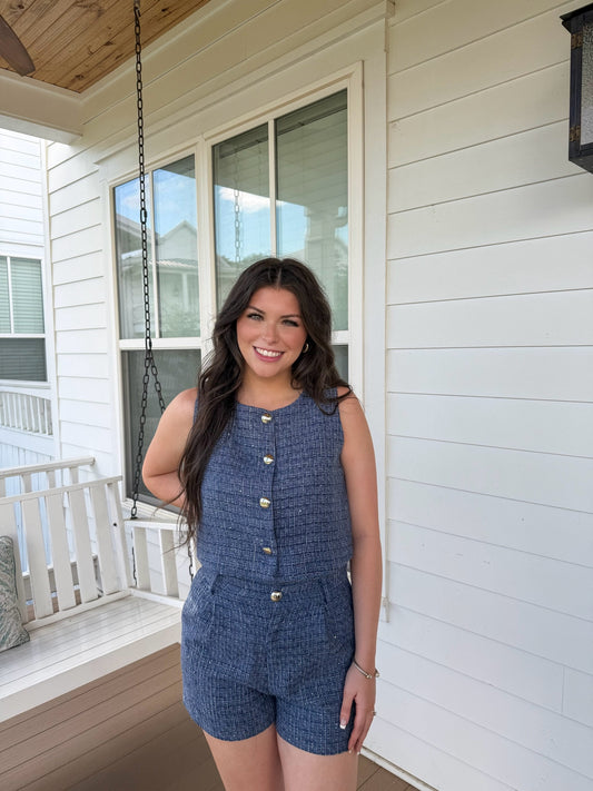Blue Tweed Button Down Set