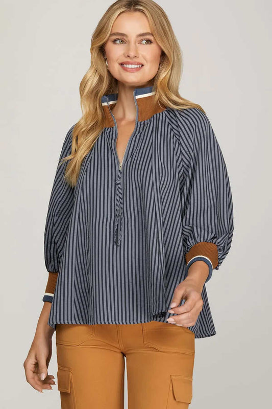 3/4 Sleeve Half Zip Striped Top - Navy/Brown