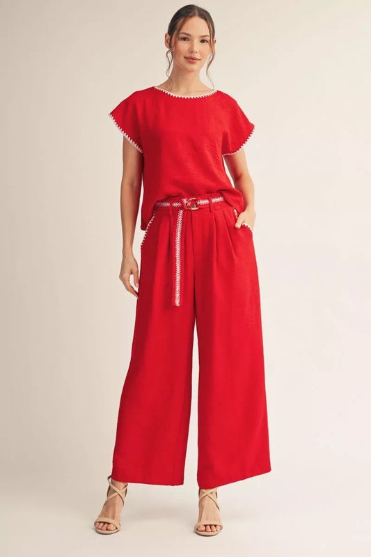Red Pant Set With White Scallop Embroidery Trim
