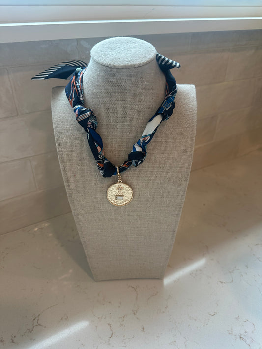 Silk Scarf Necklace - Blue “C’est La Vie” Coin Pendant
