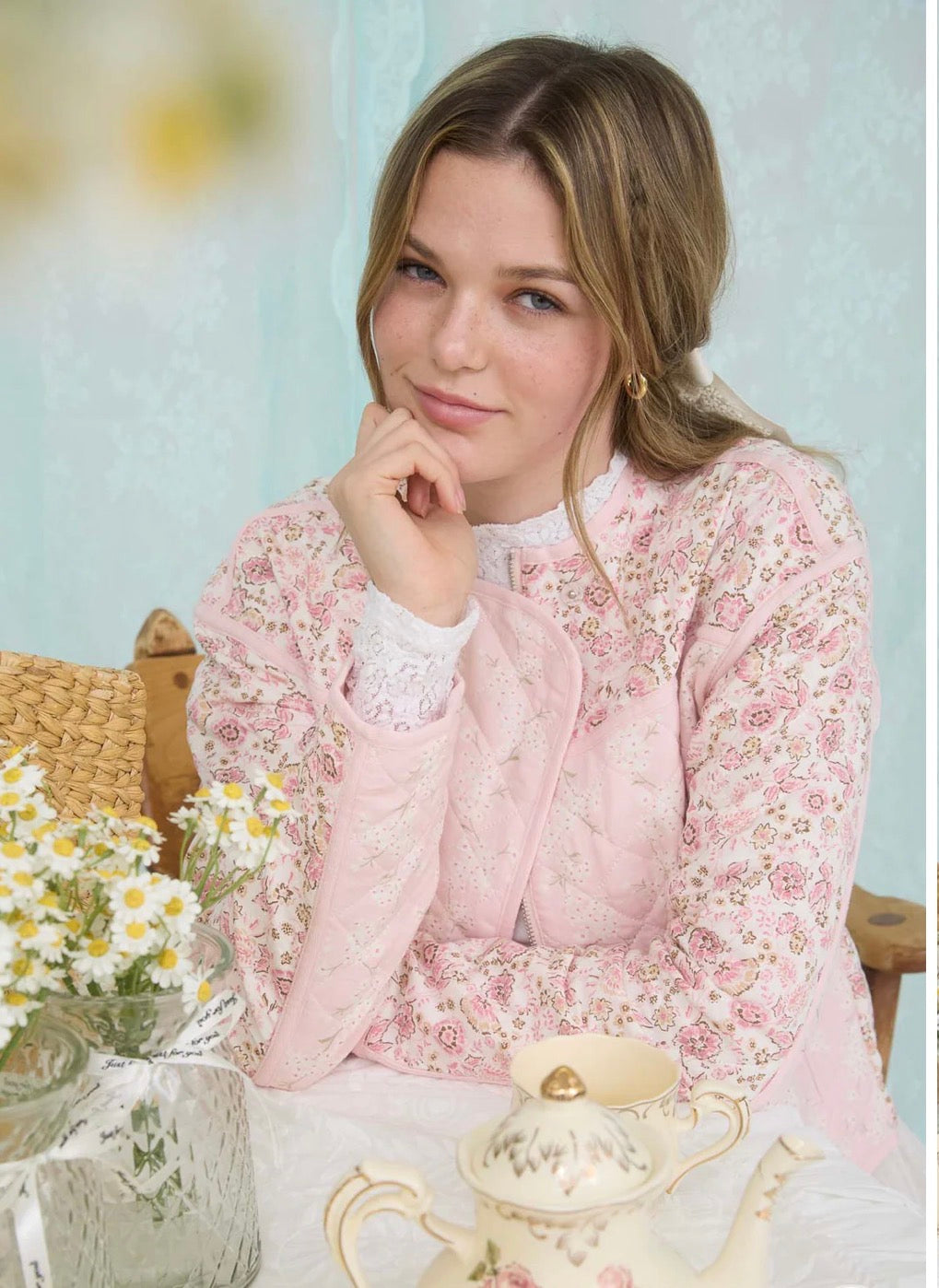 Color Block Floral Zip-Up Quilted Jacket - Light Pink
