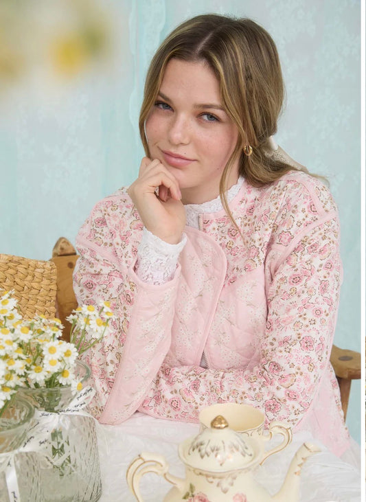 Color Block Floral Zip-Up Quilted Jacket - Light Pink