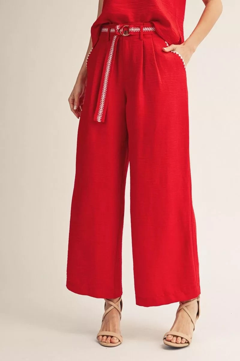Red Pant Set With White Scallop Embroidery Trim