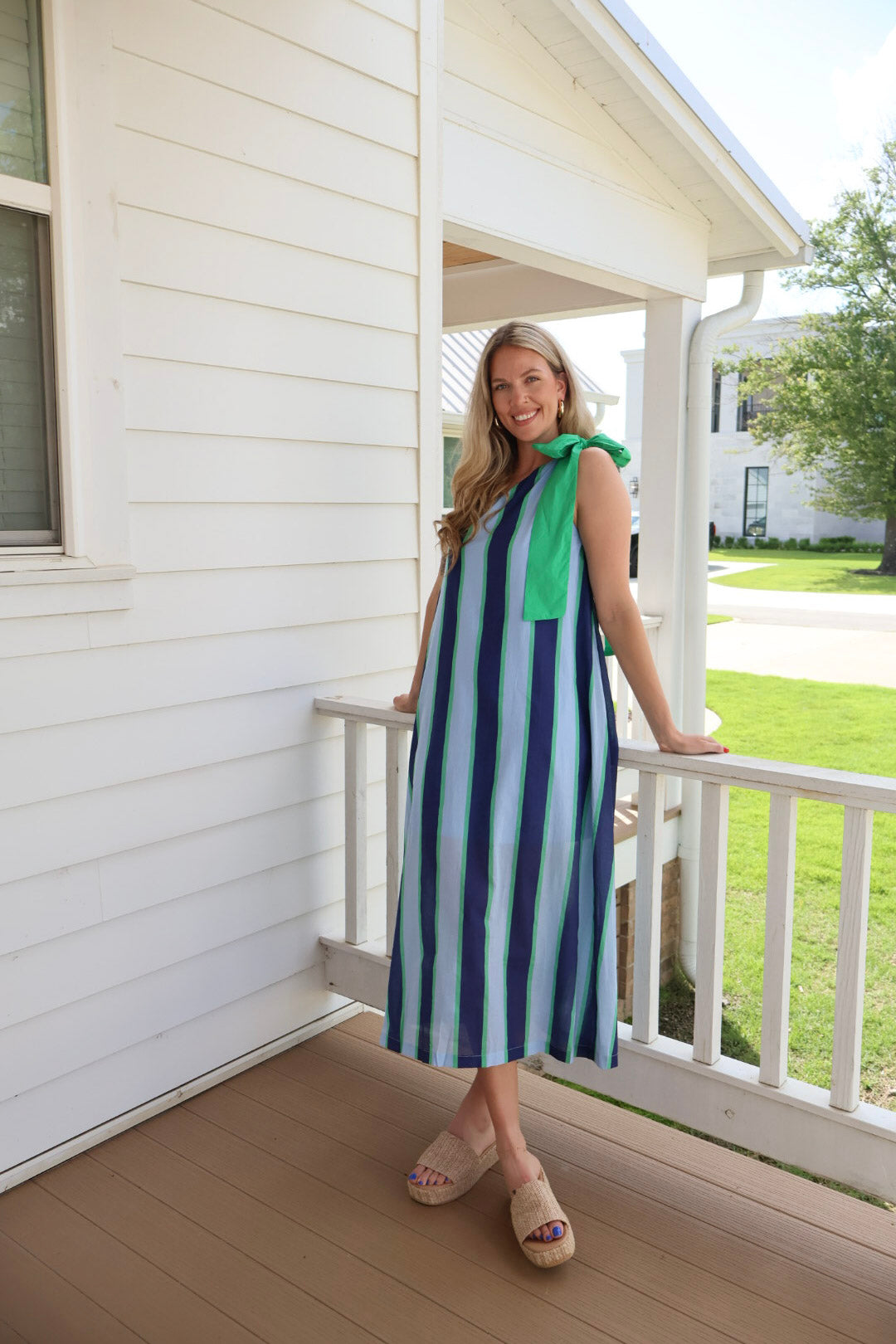 One Shoulder Striped Midi Dress - Blue/Green