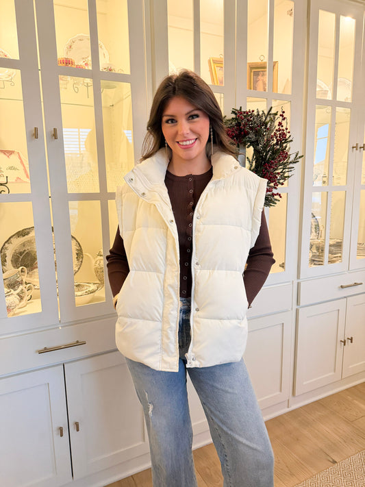 Ivory Zip-Up Puffer Vest