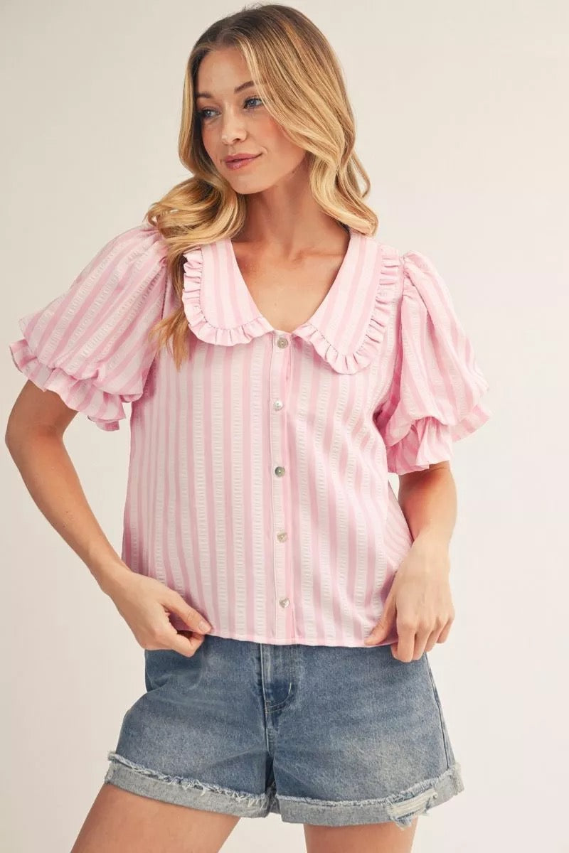 Pink Striped Peter Pan Collar Babydoll Top