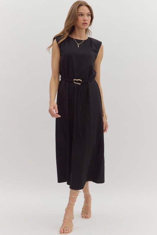 Belted Midi Dress - Black