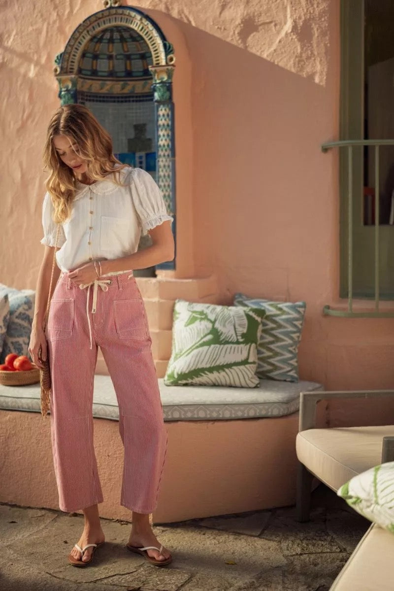 Red Denim Striped Barrel Jeans