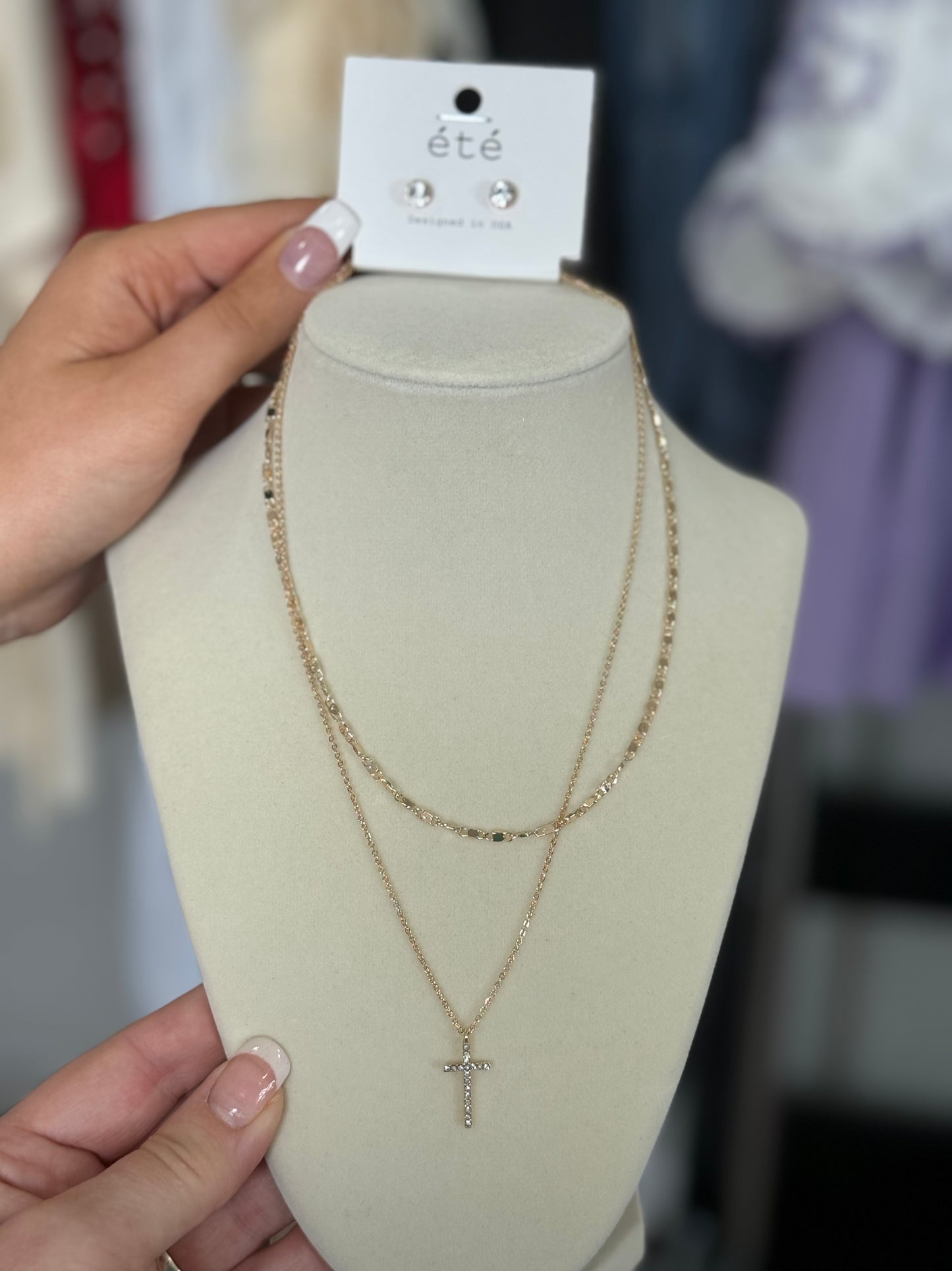 Cross Layered Necklace with Earrings (Gold)
