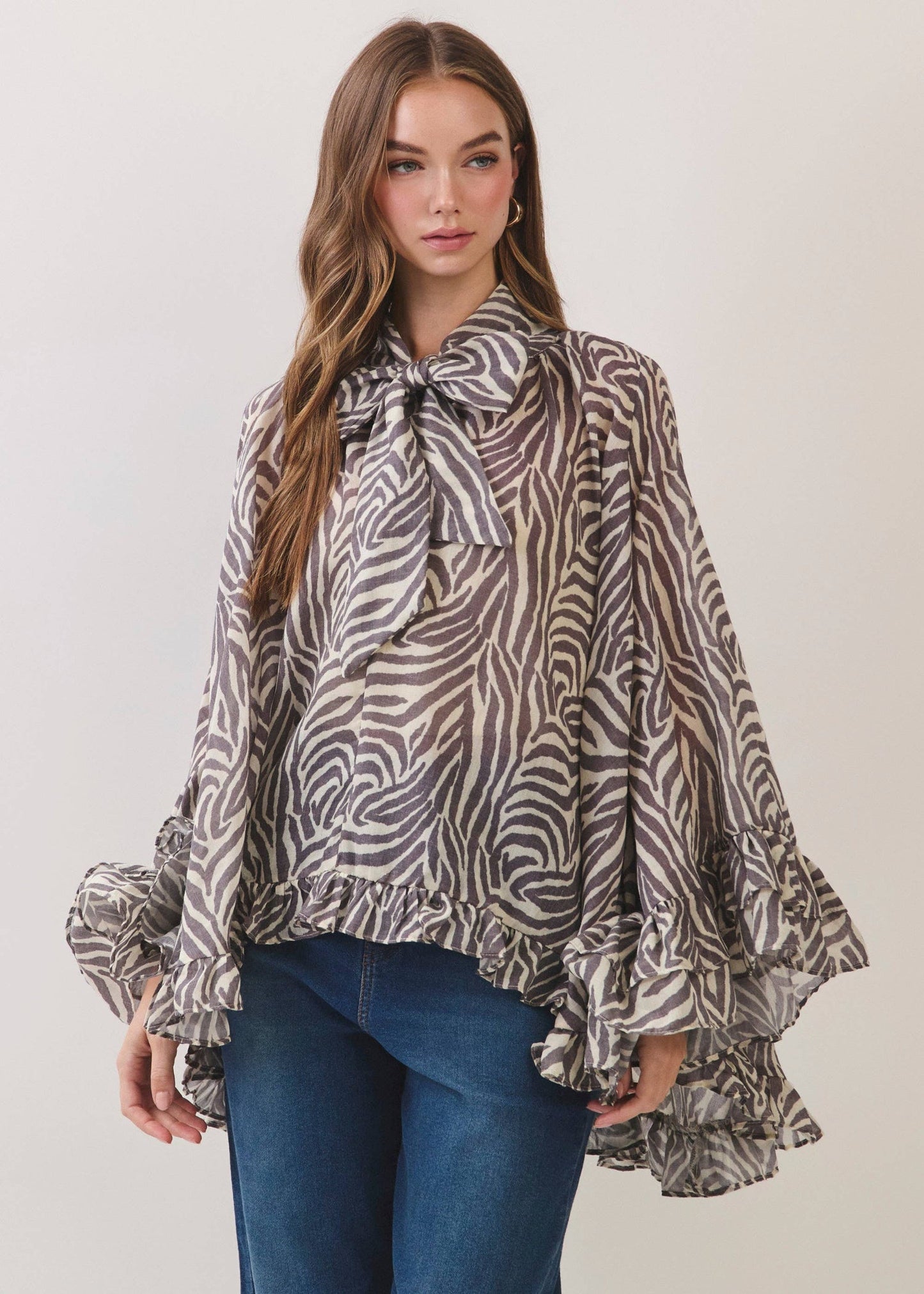 Zebra Poncho Ruffle Top -Cream