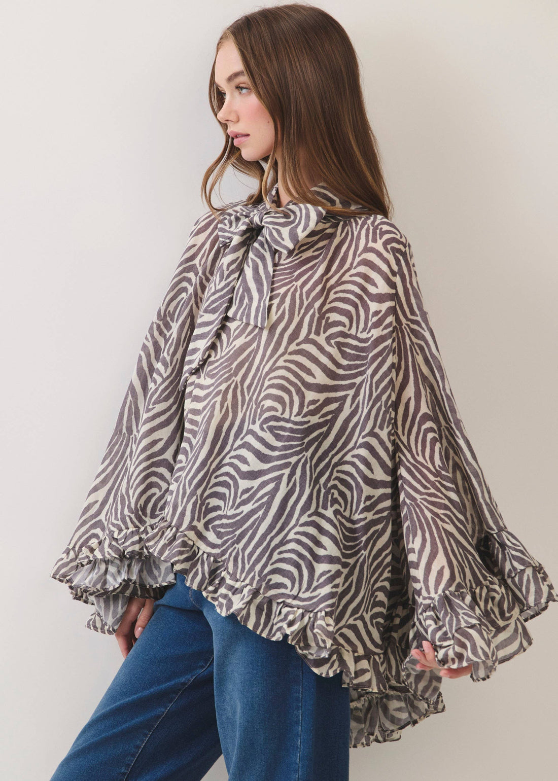 Zebra Poncho Ruffle Top -Cream