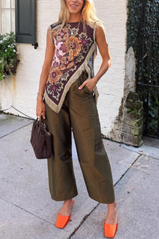 Boho Floral Fringe Trim Scarf Top
