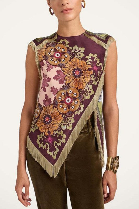 Boho Floral Fringe Trim Scarf Top
