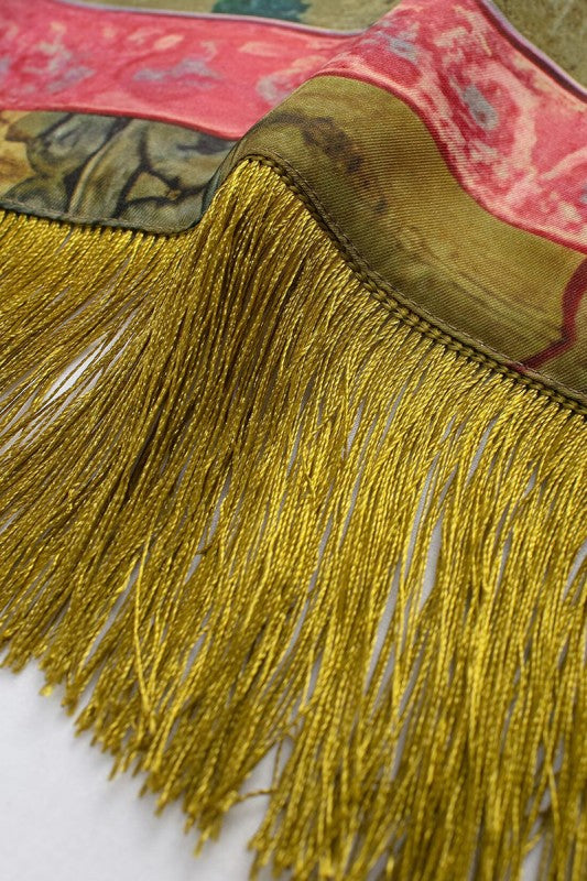 Satin Swan Print Tassel Fringe Square Neck Scarf