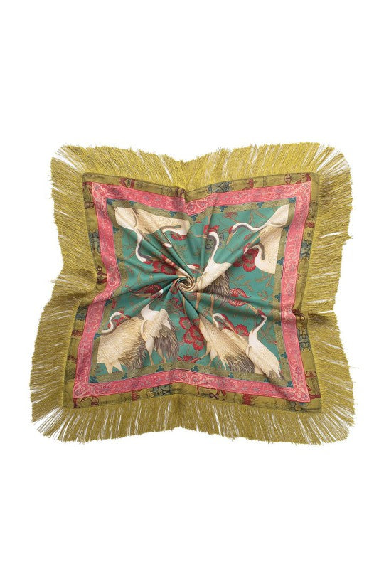 Satin Swan Print Tassel Fringe Square Neck Scarf