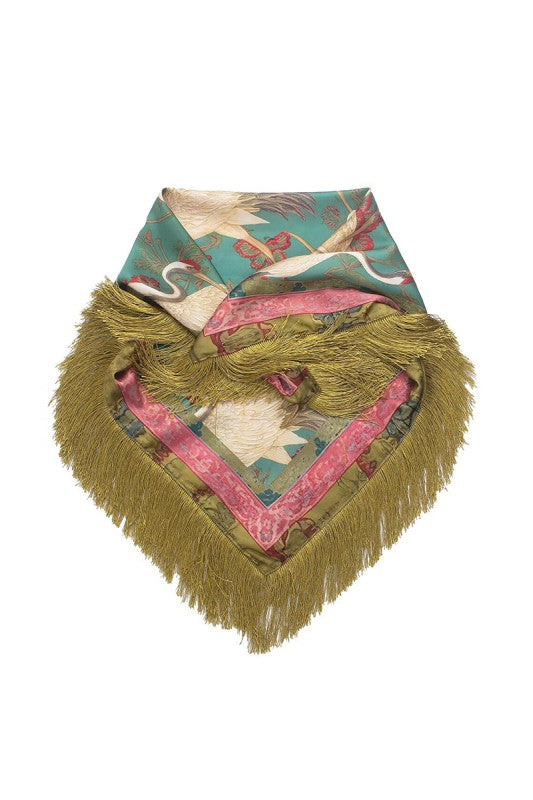 Satin Swan Print Tassel Fringe Square Neck Scarf