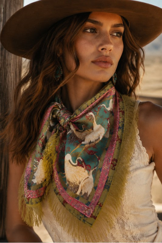 Satin Swan Print Tassel Fringe Square Neck Scarf