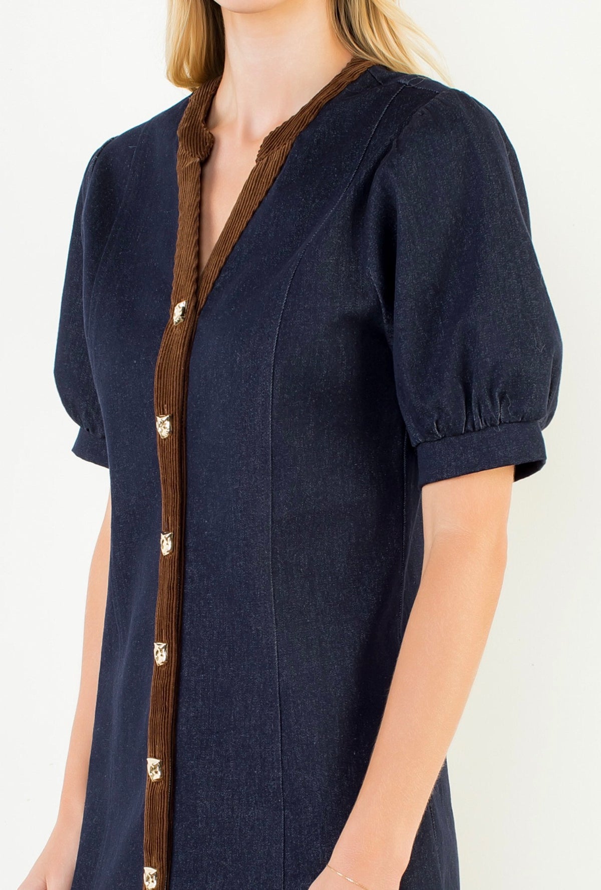 Corduroy and Denim gold Button Dress -THML