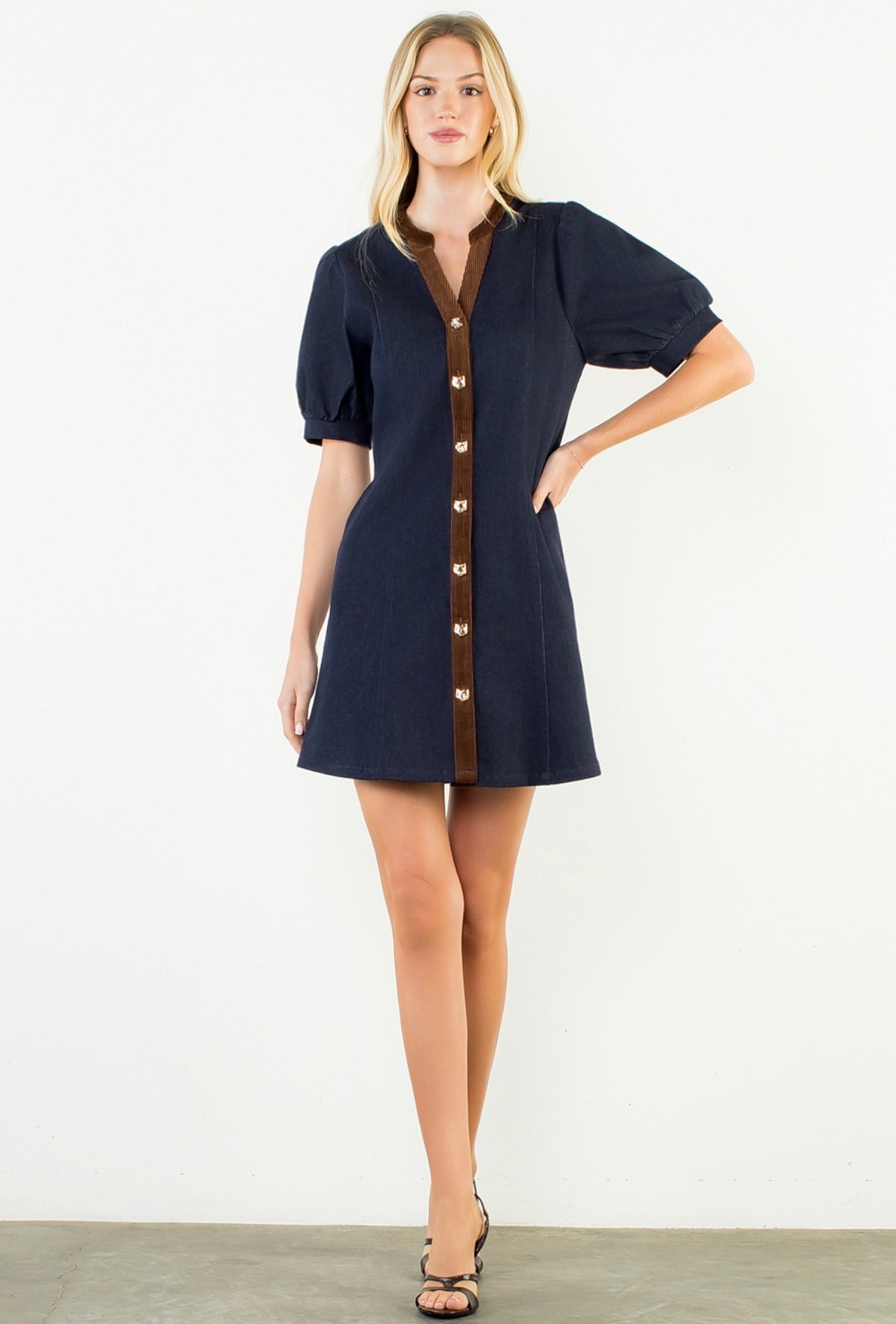 Corduroy and Denim gold Button Dress -THML