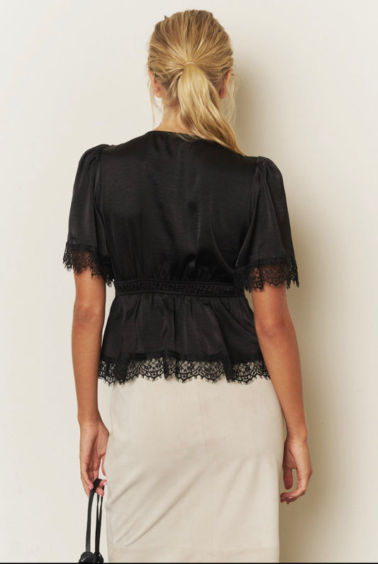 Lace Trim Peplum Top- Black Satin