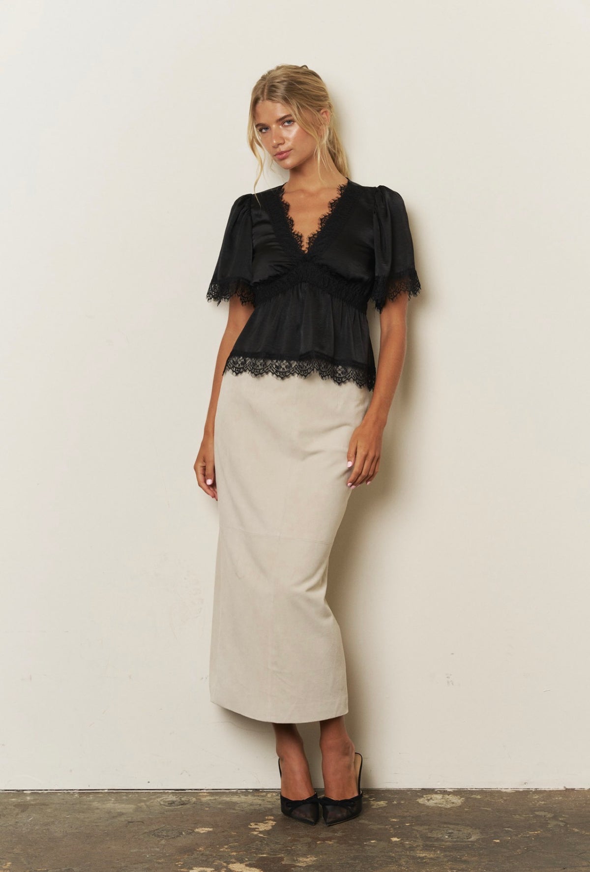 Lace Trim Peplum Top- Black Satin