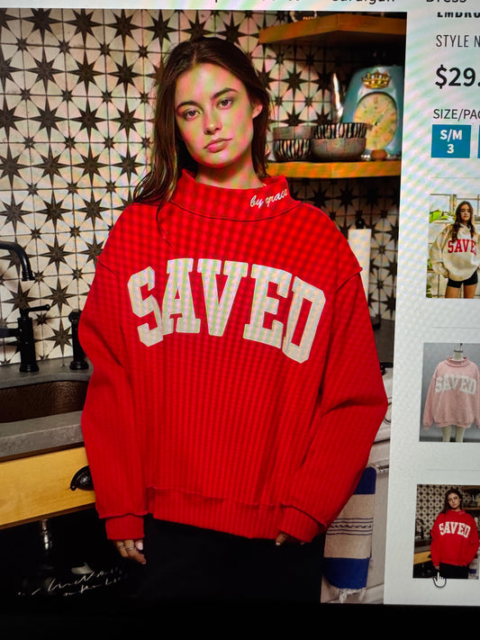 "SAVED" Embroidered Mock Neck Sweatshirt- RED with White