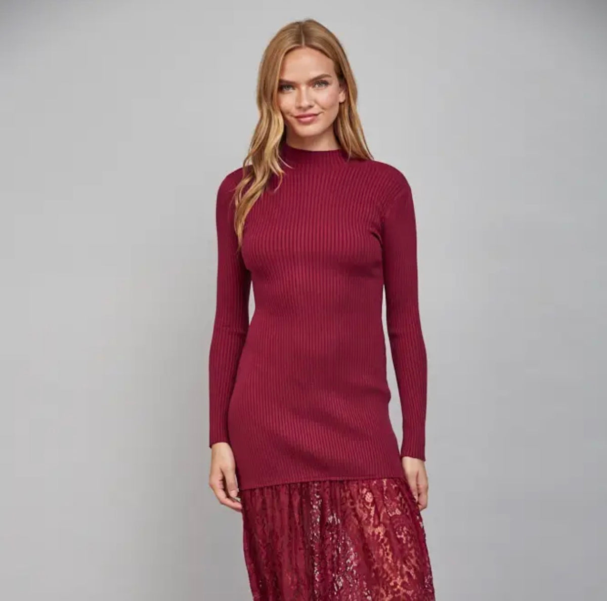 Lace Hem Detail Ribbed Knit Mock Neck Midi Dress