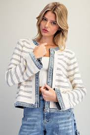 Denim Trim Striped Knit Zip Up Jacket - Off White
