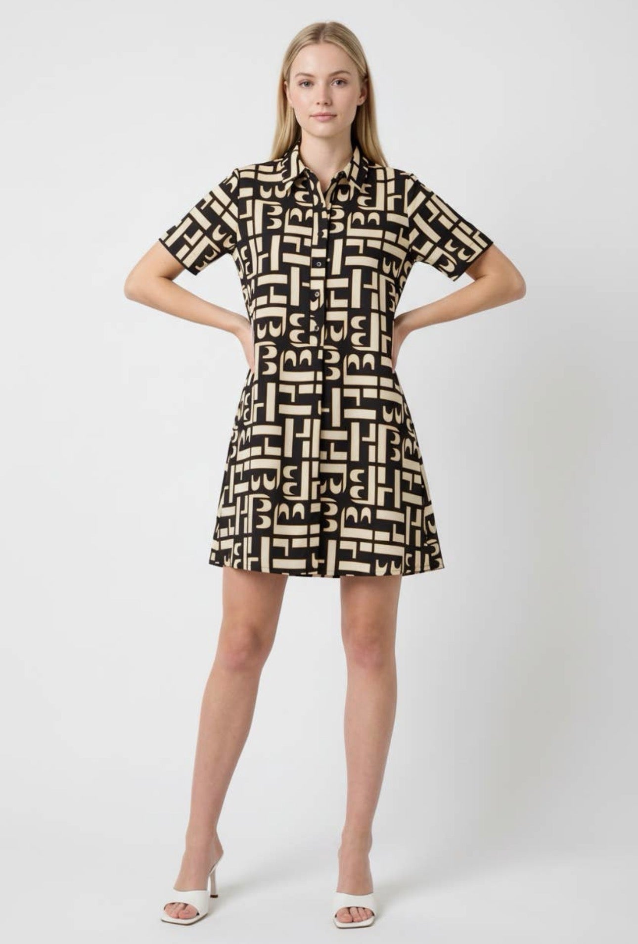 Abstract Pattern Mini Shirt Dress - Black