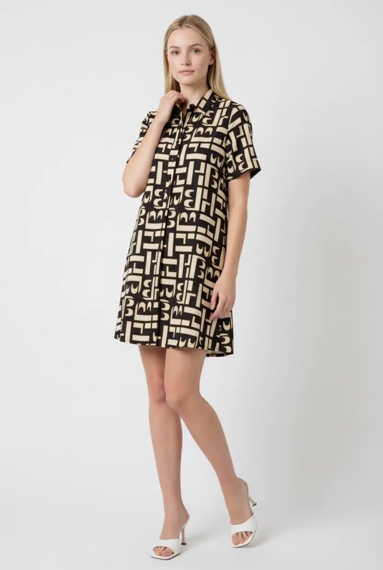 Abstract Pattern Mini Shirt Dress - Black