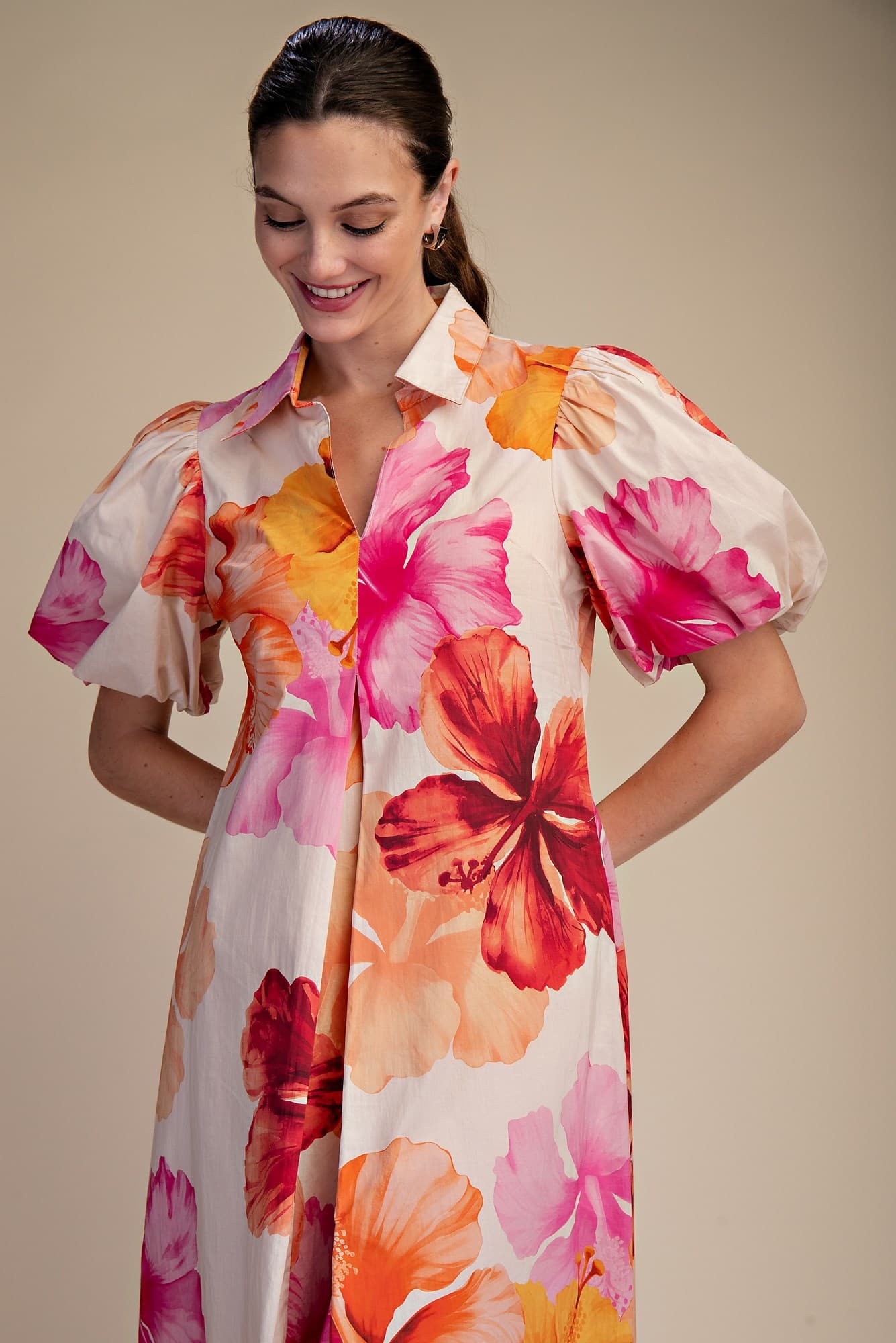 Floral V-Neck Pleated Midi Dress - Coral