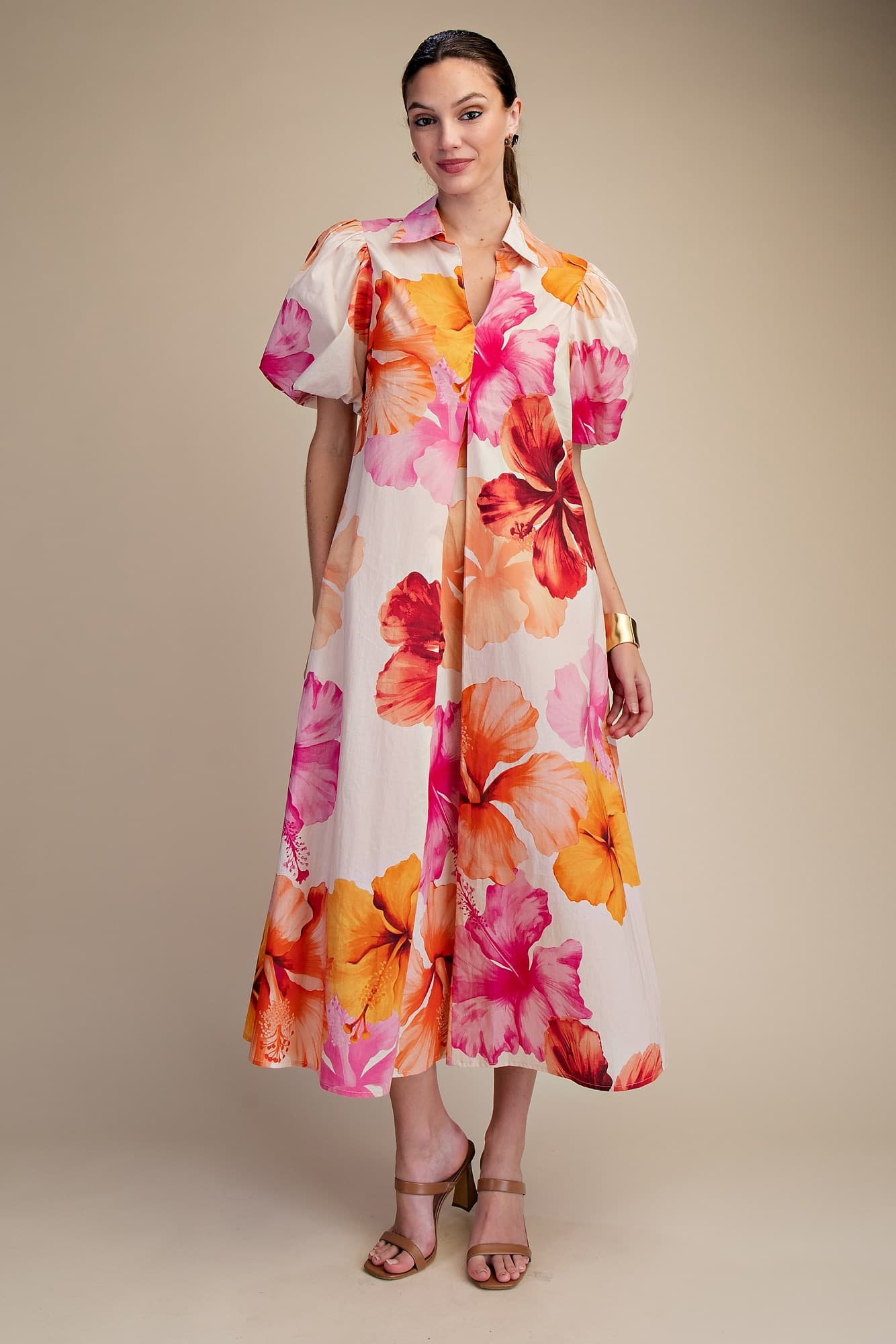 Floral V-Neck Pleated Midi Dress - Coral
